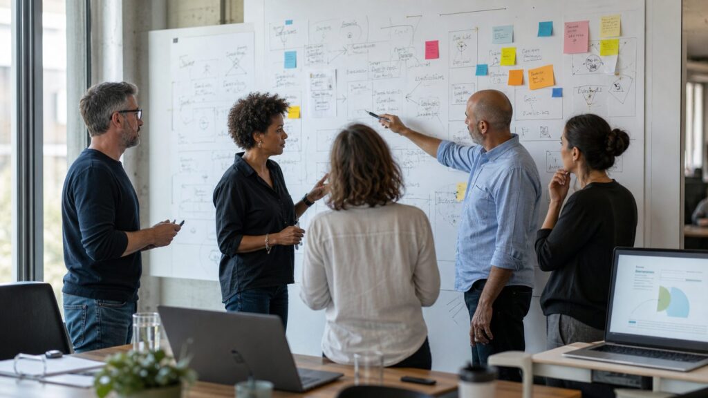 Five colleagues develop a shared plan around an annotated working wall while a polished document sits unused on a nearby laptop.