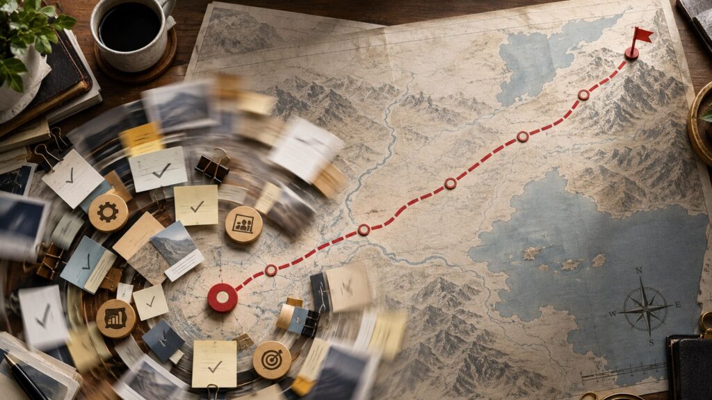 Operational tasks spin around a stationary marker while an untouched route stretches towards a distant goal.