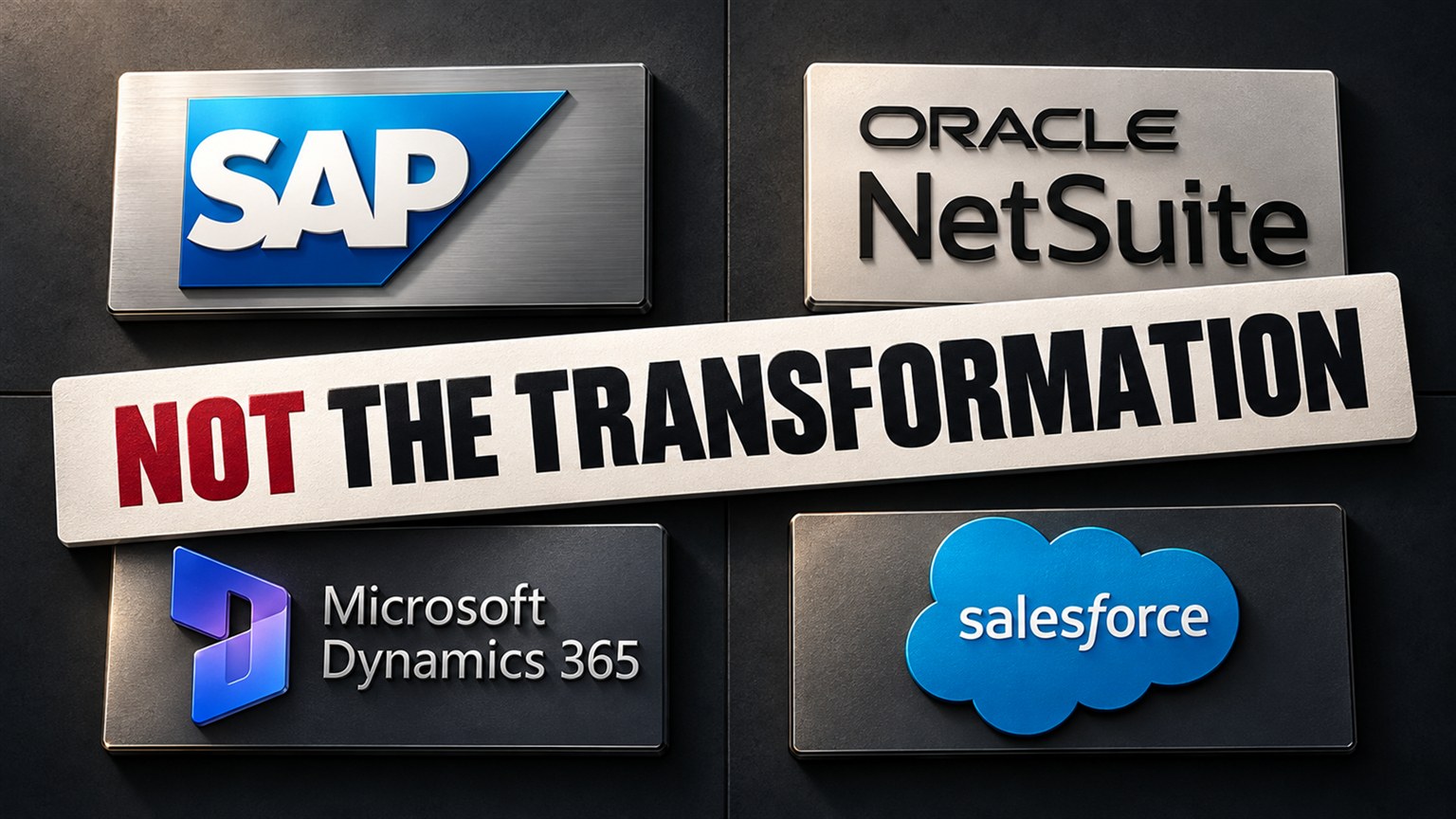 Four dimensional enterprise technology logos are crossed by the words “Not the transformation”.